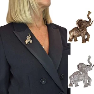 Ladies' Elephant Brooch Pin Crystal Diamante Ears & Black Stone Eyes Unique Gift - Picture 1 of 14