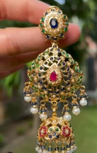 Orecchini Jadau Matrimonio Multicolore Bollywood Tono Oro Perle design - Foto 1 di 8