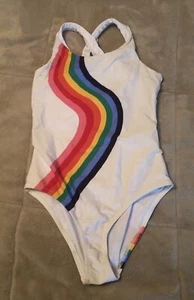 Milly Minis One Piece Swimsuit White Wavy Rainbow Stripe Made in USA Size 12 - Picture 1 of 3