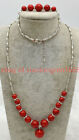 Pretty New 6-12mm Red Coral Gems Round Bead Silver Pendant Necklace Bracelet Set