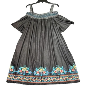 Sheilay Dress Womens Large Black Floral Mini Off Shoulder Smocked Bohemian - Picture 1 of 15