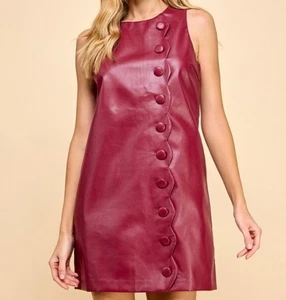 TCEC Kunstleder ärmelloses Kleid burgunderrot Jakobsmuschelbesatz Gr. L #b01 - Bild 1 von 7