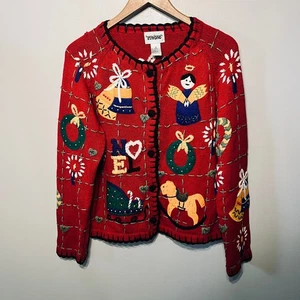 Design Originals Pullover Vintage Strickjacke Ugly Embroidered Perlen Weihnachten Party M - Bild 1 von 9