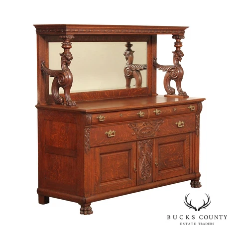 Renaissance Revival Antique Solid Oak Griffin Carved Mirrored Sideboard / Buffet Cover