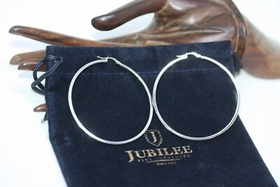 Fine Real 10K Solid White Gold 2 MM Hoop Large 2" Women's Designer Earrings NEW - Image 1 of 4