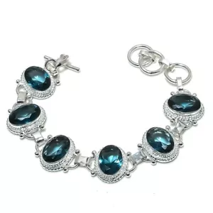 London Blue Topaz Gemstone Handmade 925 Sterling Silver Jewelry Bracelet Sz 7-8" - Picture 1 of 1