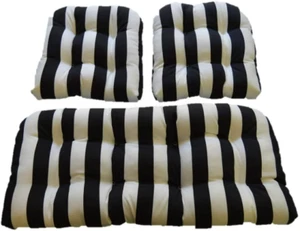 Outdoor 3 Pc Wicker Loveseat & Chair Cushion Set ~ Black and White Stripe - Picture 1 of 9