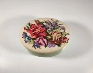 VINTAGE FETCO TRINKET BOX FLORAL NEEDLE POINT TOP SILK HAND STITCHED - Picture 1 of 16
