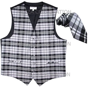 New Vesuvio Napoli formal Men's plaid Tuxedo Vest_2.5" Skinny Slim Necktie Gray - Picture 1 of 4