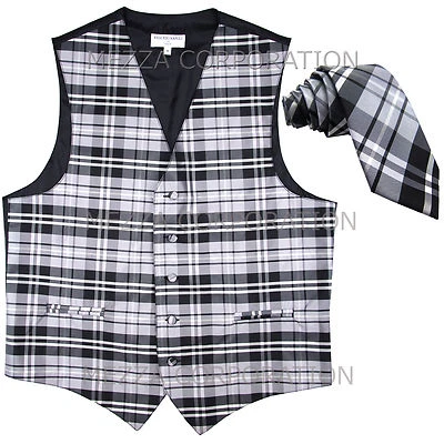 New Vesuvio Napoli formal Men's plaid Tuxedo Vest_2.5" Skinny Slim Necktie Gray - Image 1 of 4