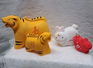 Japanese Good Luck Tiger Pair & Bunny Pair Handpainted Lightweight Ceramic - Picture 1 of 8