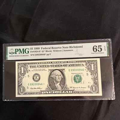 STAR NOTE PMG Grade 65 EPQ 1 1999 FR#1924-E* E* Block FRN Error Replacement *045 - Image 1 of 4