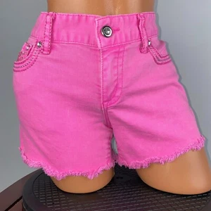 Maurices Juniors 7 / 8 Reg Pink Denim Cut Off Shorts Rhinestone Thread Accents - Picture 1 of 12