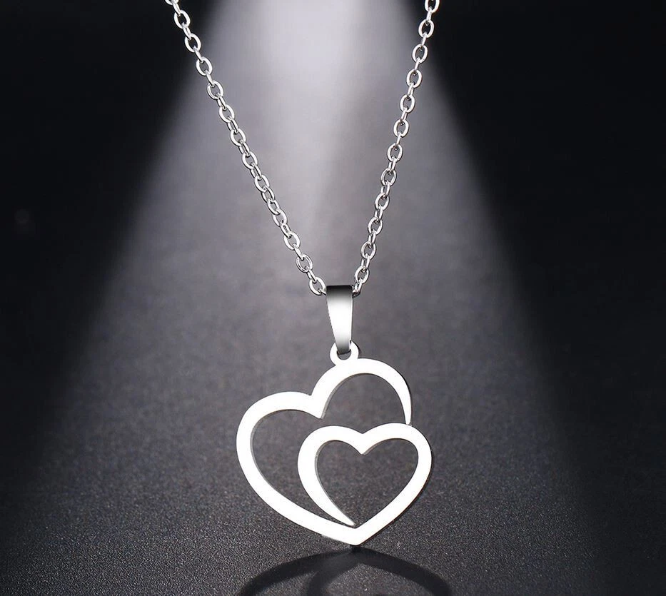 Edelstahl Halskette 45cm Damen mit zwei Herzen Doppelherz silber - Bild 1 von 1