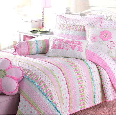 Pink Polka Dot Peace & Love 100% Cotton Reversible Quilt Bedding Set for Kids Gi - Изображение 1 из 4