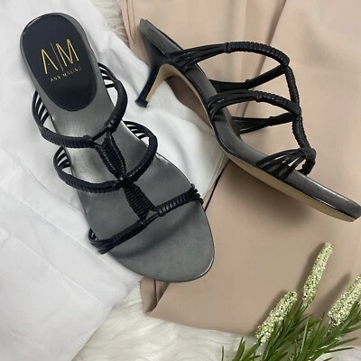 Vintage Black Leather Woven Strappy Stiletto Heels, Ann Marino, Size 8.5 - Image 1 of 4