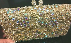 New Gold With Iridescent Austrian Crystal Hard Shell Clutch Bag - Fits Iphone - Picture 1 of 4