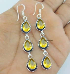 Citrine Gemstone 925 sterling silver handmade Dangle/Drop Earrings 2.75" - Picture 1 of 4