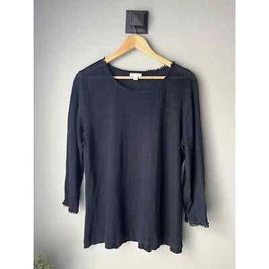 J Jill Love Linen Tunic Top Medium Navy Blue Fringed Neckline/sleeve 3/4 Sleeve - Picture 1 of 5