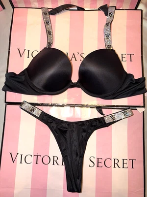 Victoria's Secret Push Up Bra Shine Strap 32C Small Thong Black Satin - Image 1 of 3