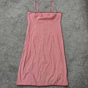 90s Y2K vintage gingham milkmaid midi dress frill bust trim red white stretchy - Picture 1 of 8