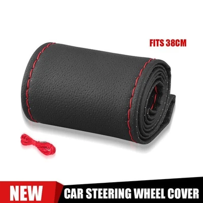 Car Steering Wheel Cover Needle Thread AntiSlip Leather Black Universal 38cm - Image 1 of 4