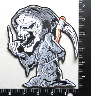 🔥GRIM REAPER SKULL SKELETON GIVING THE MIDDLE FINGER EMBROIDERED IRON ON PATCH - Image 1 of 3