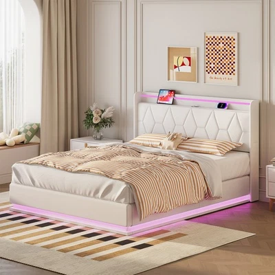 Polsterbett Doppelbett Stauraumbett Bettrahmen mit LED und USB weiß 140×200 Samt - Bild 1 von 4