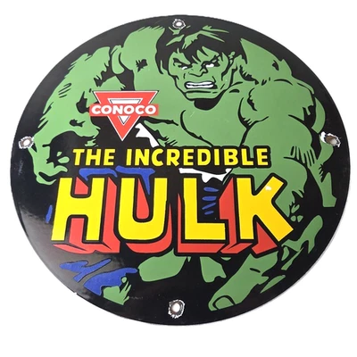 Винтажная фарфоровая вывеска Conoco Gasoline — знак Green Hulk Comics Gas Pump - Изображение 1 из 4