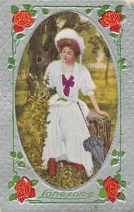 Cartolina d'epoca donna solitaria bordo argento rose 1914 - Foto 1 di 2