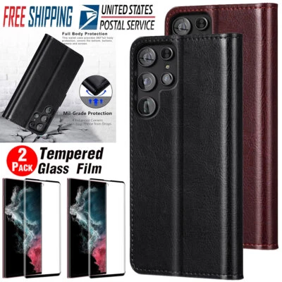 For Samsung Galaxy S22 Ultra/Plus Leather Stand Case Flip Cover / Tempered Glass - Image 1 of 4
