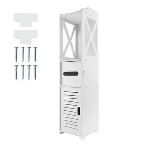 Free Standing Toilet Paper Holder Stand Wood Bathroom Storage Cabinet White Unit - Picture 1 of 17