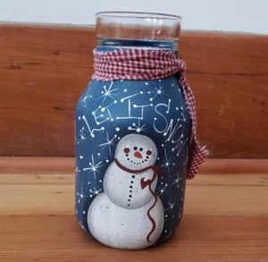 Vtg Handpainted Mason Jar Votive Candle Holder, Snowman Folk Art Kitchen Utensil - Picture 1 of 8