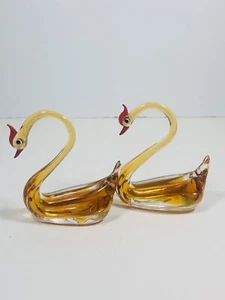 Pair of Vintage Amber Gold Spun Murano Blown Art Glass Swan Figurines - Picture 1 of 13