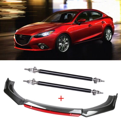 Divisores de alerón labial de parachoques delantero de carbono y rojo para Mazda 2 3 sedán + varillas de puntal Foto 1 de 4