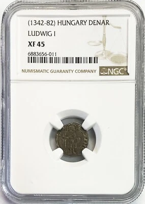 1342 -1382 SILVER HUNGARY SILVER DENAR LUDWIG I SEATED KING COIN NGC XF 45 - Image 1 of 2