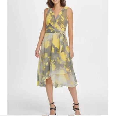 DKNY Womens 4 Yellow Black White Polka Dot Sleeveless Midi Dress NWT CZ36 - Image 1 of 4