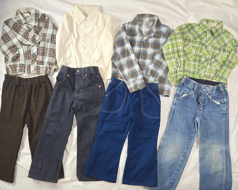 Vintage Boy's Size 4 Outfit Lot Button Up Flannel Jean Pant Doe Spun Wrangler - Imagem 1 de 4