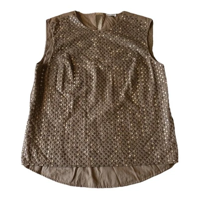 Brunello Cucinelli Embellished Top Women L Mocha Hand Beaded Luxe Neutral Italy - Image 1 of 4