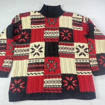 Mujeres M Patchwork Fair Isle Suéter Rojo Negro Invierno Vacaciones Tejido Nórdico De Colección Lana Foto 1 de 4