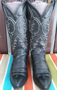 Tony Lama Men's Leather Western Boots Sz 7D Black Stitched Pointed Toe Mid Heel - Picture 1 of 6