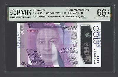 Gibraltar 100 Pounds 21-8-2015 P40a "Commemorative" Uncirculated Grade 66 - Image 1 of 2