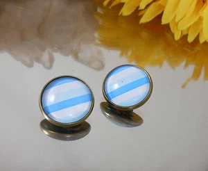 Ohr Clips Blau gestreift/antik bronce / Cabochon 16 mm /handgefertigt - Bild 1 von 3