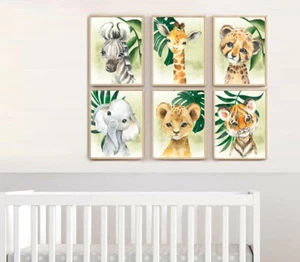 Nursery Decor Africa Jungle Baby Animals Tiger Giraffe Zebra Prints Set of 6 - Picture 1 of 7