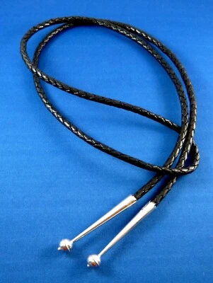 NUEVO 44" Cuero Real Negro 5mm BOLO Cordón de Corbata Plata de Ley 8mm Cuentas Grandes CONSEJOS Foto 1 de 3