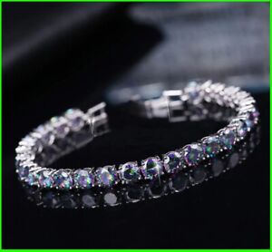 100% 925 Sterling Silver Mystic Rainbow Round Topaz 11ct Tennis Bracelet Jewelry