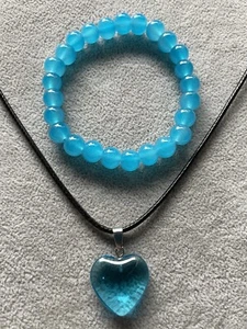 turquoise Glass Bead Bracelet & heart shaped Pendant On A Black Cord Necklace 💙 - Picture 1 of 2