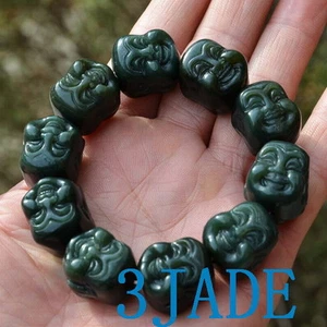 Natural Green Nephrite Jade Two-Face Carved Buddha Beads Bracelet - Picture 1 of 3