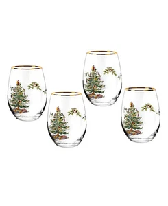 Spode Christmas Tree Stemless Wine Glasses 19 oz Set of 4 New in Box Fancy RARE - Picture 1 of 4