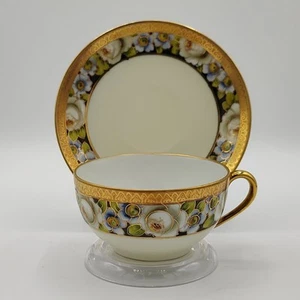Vintage Noritake Morimura flache Tasse & Untertasse weiß blau Blumen goldbesetztes Band - Bild 1 von 13